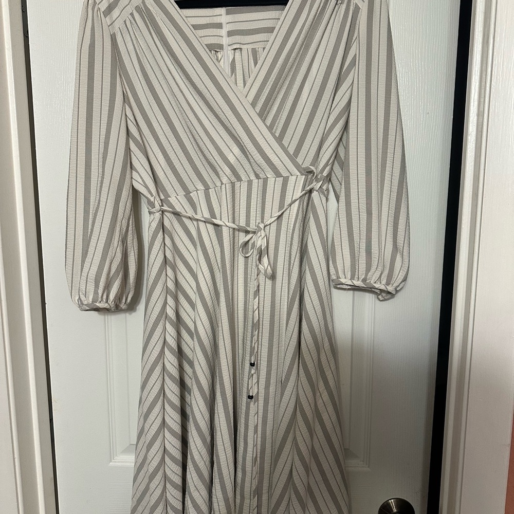 Calvin Klein Striped Cream and Gray Faux Wrap Dress